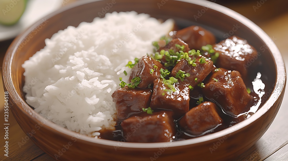 A bowl of rice accompanied by tender pieces of meat in a savory sauce, garnished with herbs. A bowl of rice accompanied by tender pieces of meat in a savory sauce, garnished with herbs.