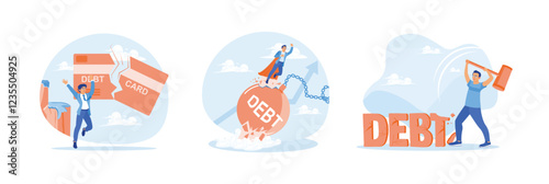 Three illustrations depicting a businessman doing his best to settle debts.