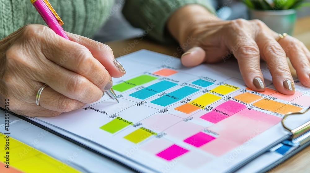 Womans hands meticulously plan schedule using colorful sticky notes