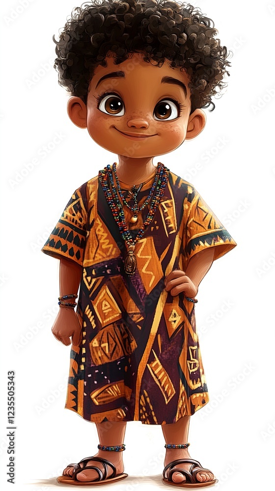 Adorable Cartoon African Boy in Traditional Clothing