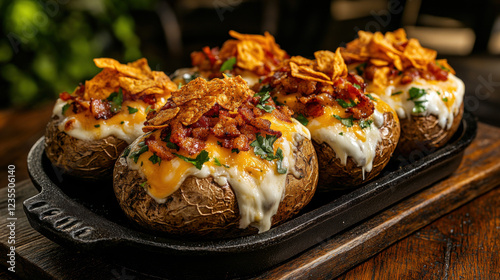 Potato Chip Snacks, A high-fidelity image of a baked potato stuffed with melted cheese and bacon, perfect for food-related projects.