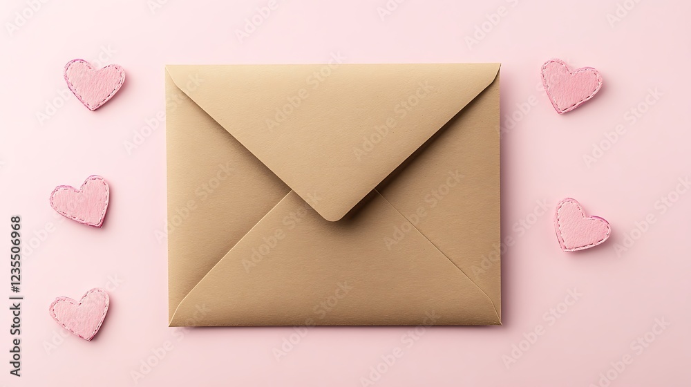 Tan Envelope Surrounded By Pink Hearts On Pink Background Tan Envelope Surrounded By Pink Hearts On Pink Background