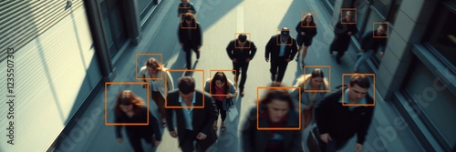 Facial detection, recognition and personal identification technology on city street. A view from a UAV drone or screenshot from video surveillance CCTV camera to monitor crime scene. Copy space