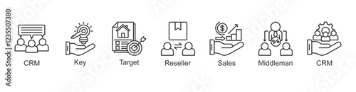 Value Proposition Icon crm, key, target, reseller, sales, middleman, crm