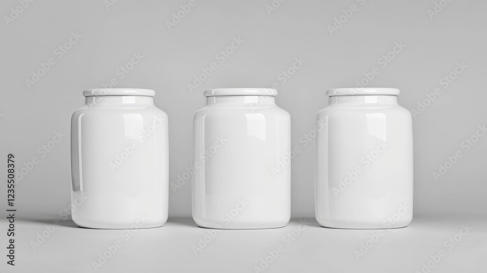Three blank white jars on gray background; product mockup Three blank white jars on gray background; product mockup