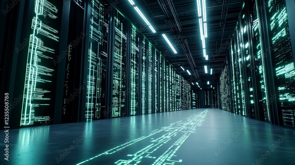 Fototapeta premium Futuristic Data Center with Neon Lights and Server Racks Design
