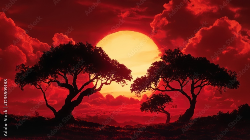 Fototapeta premium Red sky with silhouette of trees and a big sun creating a surreal landscape