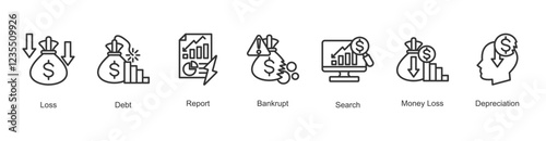 Vision Statement Icon Loss, Debt, Report, Bankrupt, Search, Money Loss, Depreciation