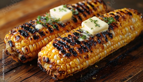 Grilled corn with butter and herbs on wooden board (1)