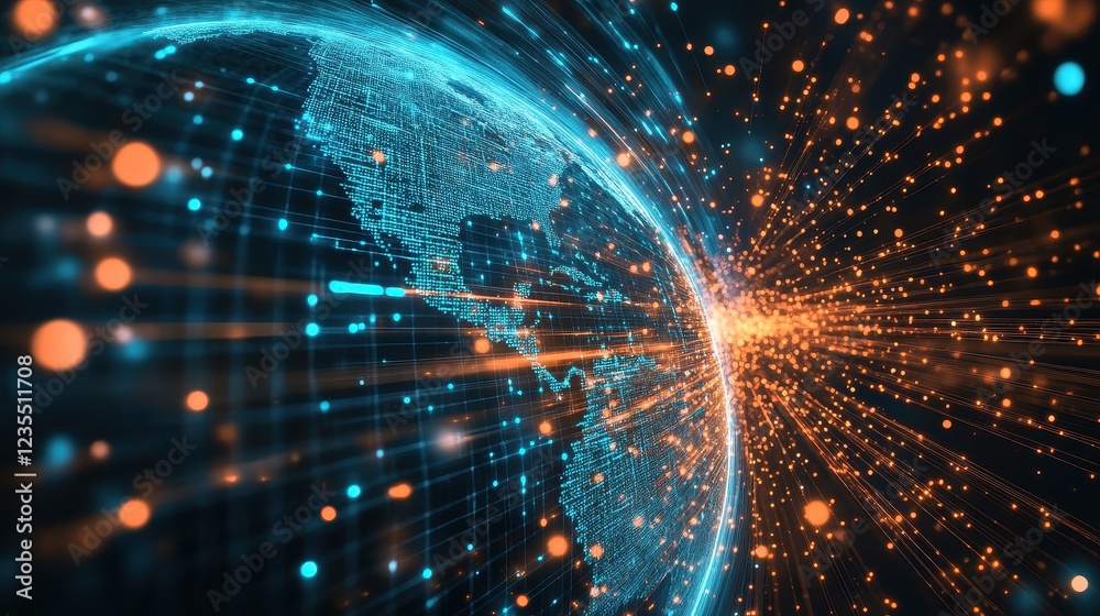 Obraz premium A dynamic motion-blur render of fast-moving data streams forming a digital Earth, illustrating the rapid connectivity of global trade networks.