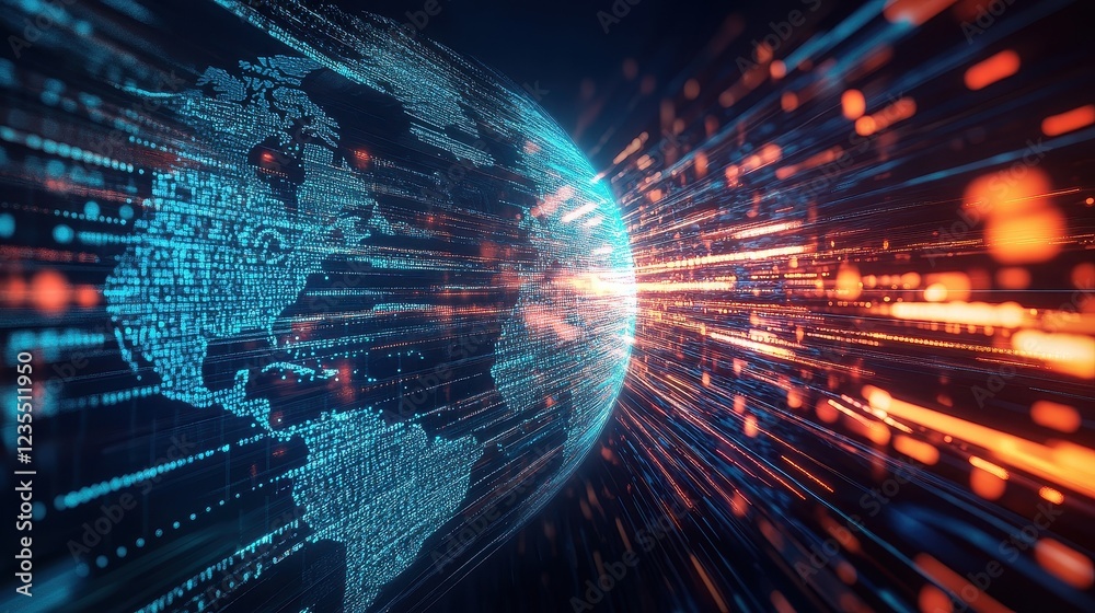 Fototapeta premium A dynamic motion-blur render of fast-moving data streams forming a digital Earth, illustrating the rapid connectivity of global trade networks.