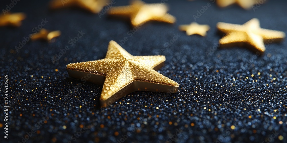 Glittering golden stars scattered on a dark sparkling background, creating a festive atmosphere Glittering golden stars scattered on a dark sparkling background, creating a festive atmosphere