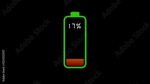 Battery charge Icon Animation With Percentage on black background