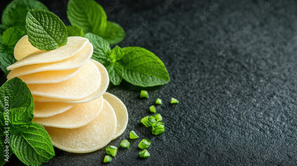 Potato Chip Snacks, Image of a vibrant wasabi-flavored potato chip with green seasoning, showcasing high fidelity detail and appealing texture. Potato Chip Snacks, Image of a vibrant wasabi-flavored potato chip with green seasoning, showcasing high fidelity detail and appealing texture.