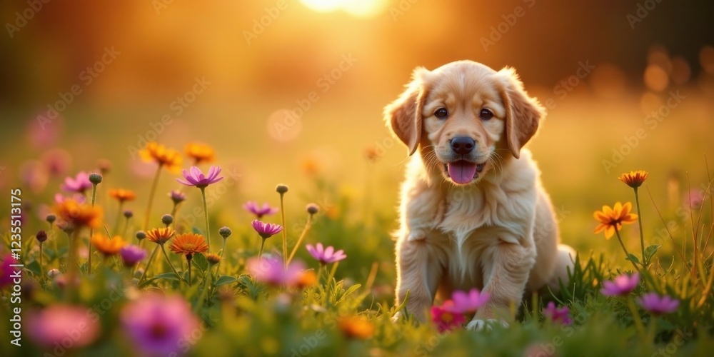 Golden Retriever Puppy Posing Amidst a Field of Blooming Wildflowers at Sunset Golden Retriever Puppy Posing Amidst a Field of Blooming Wildflowers at Sunset