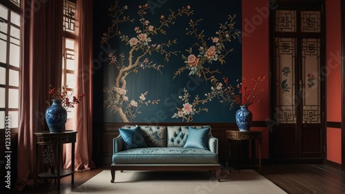 Refined Chinoiserie living space with Asian-inspired decor and elegant furnishings