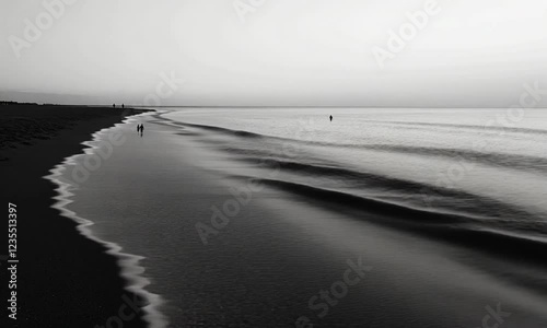 Serene black and white beach scene with gentle waves lapping at the shore, distant figures walking