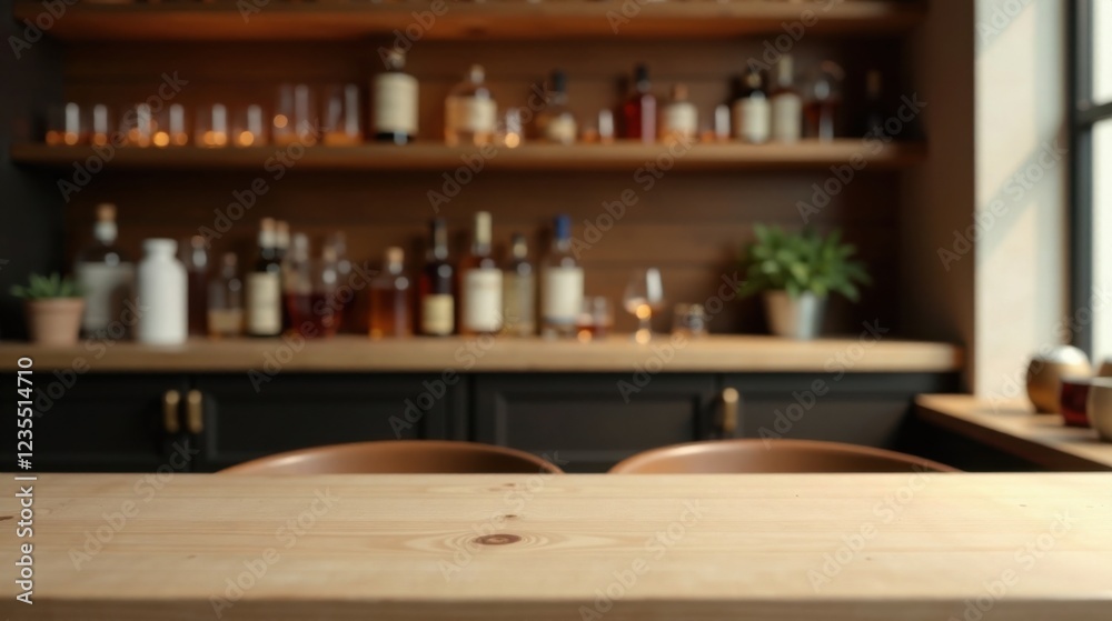 Light Wood Tabletop in a Cozy Bar Setting with Shelves of Bottles Light Wood Tabletop in a Cozy Bar Setting with Shelves of Bottles