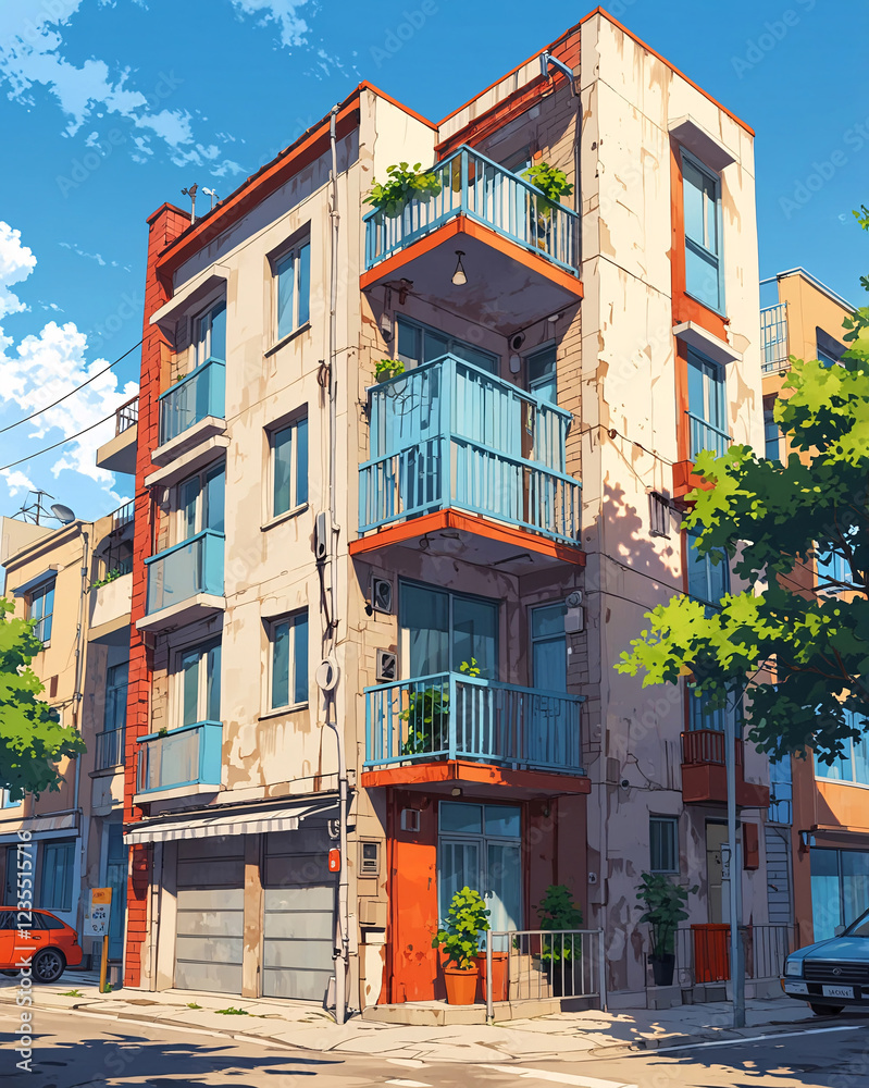 Naklejka premium Beautifully Detailed Anime Illustration of Classic Apartment Building in Decaying State Background Illustration Aesthetic