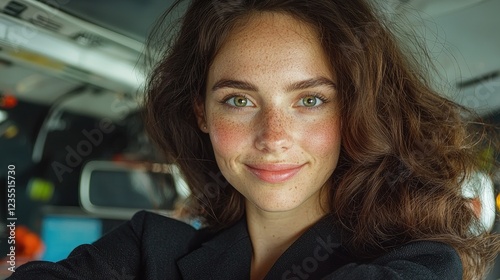 Woman smiling on transport, city background, travel portrait