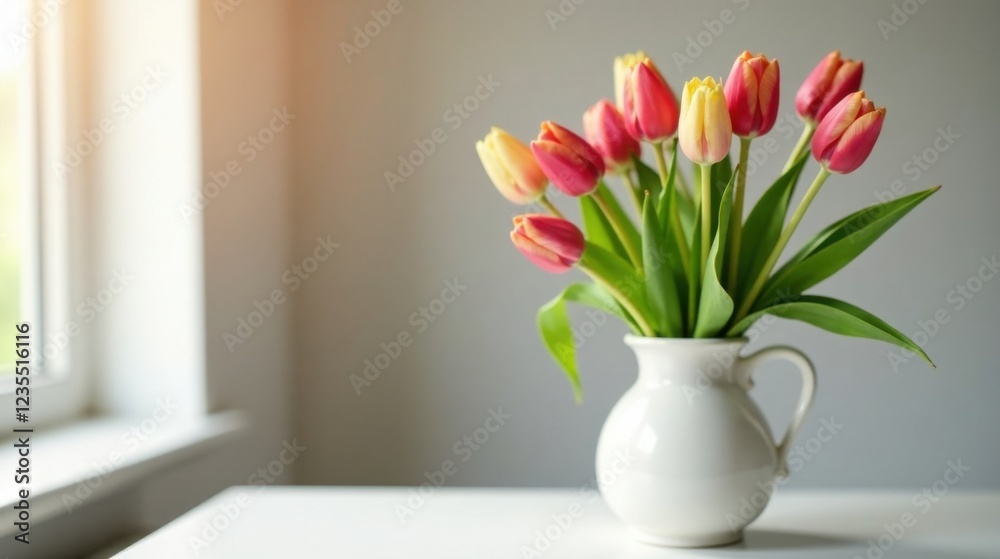 A bouquet of spring tulips in a white vase, bathed in sunlight near a window A bouquet of spring tulips in a white vase, bathed in sunlight near a window