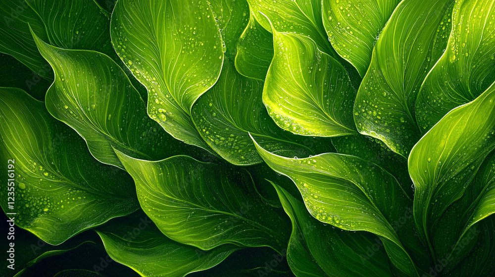 Obraz premium A dense flat lay of fresh green leaves, showcasing various shades of lush green for a natural, vibrant theme.