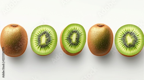 Fresh ripe kiwi fruit sliced in half on a white background photo