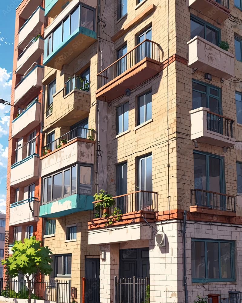 Naklejka premium Depiction of Abandoned Classic Apartment Building in Anime Art Style with Rustic Overgrown Feel Background Illustration Aesthetic