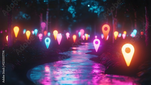 Ethereal Night Scene with Colorful Location Markers by a Stream