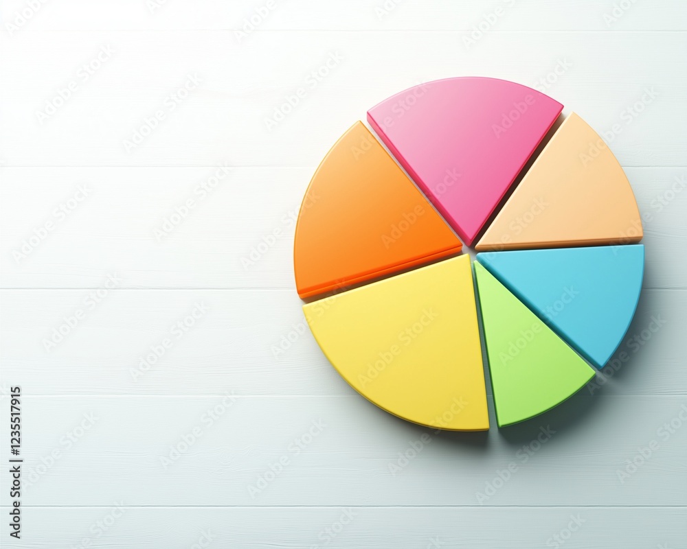 Fototapeta premium A colorful pie chart with six segments on a light background, representing data visualization in a creative manner.