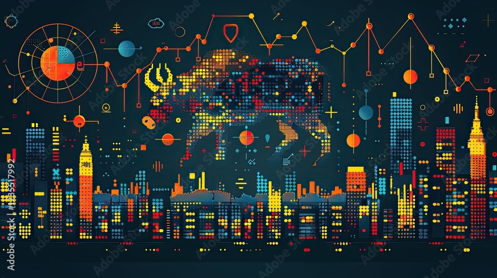 Obraz premium flat design, illustration, The Market Player A young investor learns the ropes of the stock market. Illustration: Bull and bear icons, stock graphs, and ticker tape