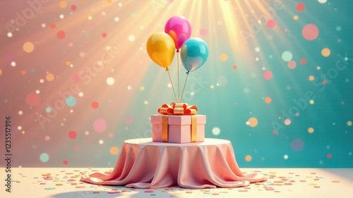 A Festive Gift Presentation with Balloons on a Draped Pedestal