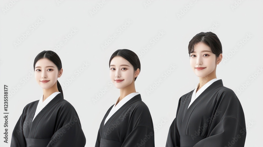 Three Young Women in Black Kimonos Studio Portrait Three Young Women in Black Kimonos Studio Portrait