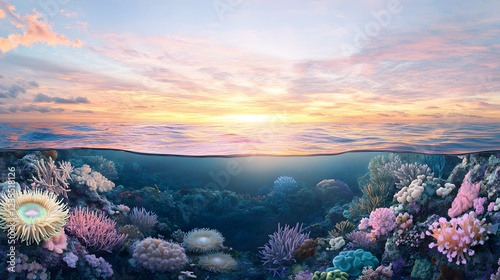 Vibrant Coral Reef Underwater Scene at Sunset with Colorful Marine Life