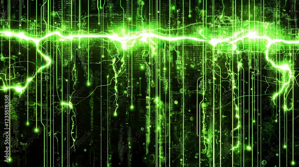 Obraz premium Futuristic Green Electric Lightning Background with Tech Elements