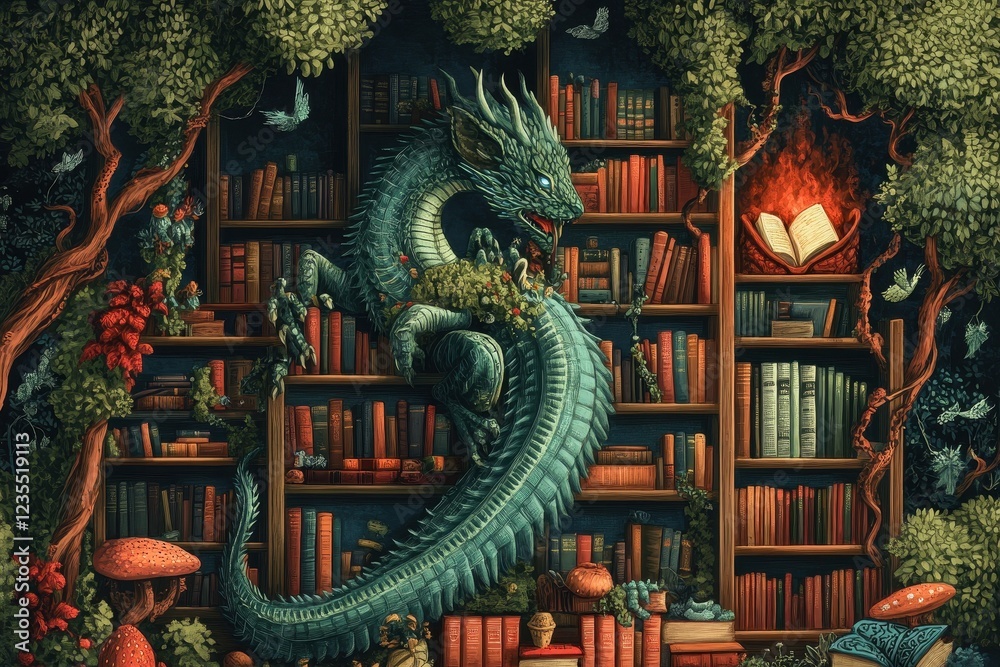Obraz premium Dragon Guardian Of A Mystical Book Filled Library