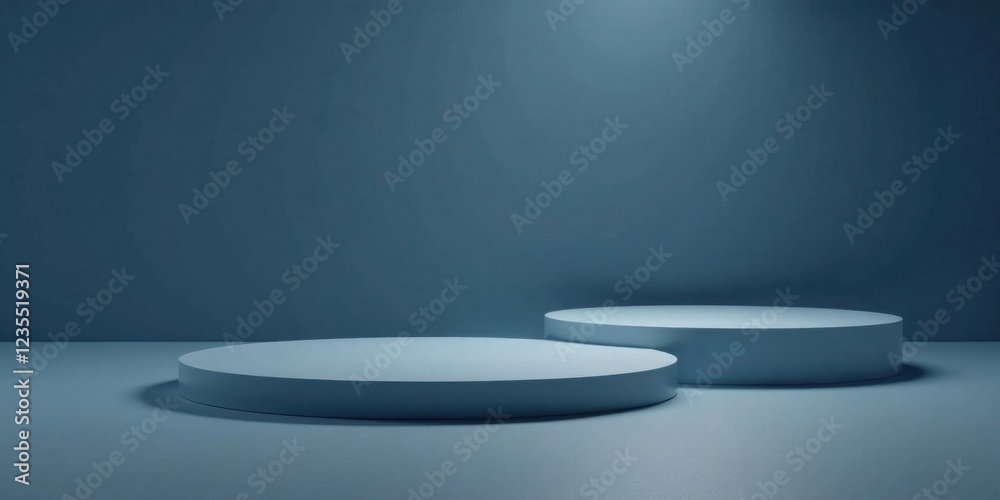 Serene Minimalist Display Two Cylindrical Platforms on a Smooth Blue Background, Ideal for Product Presentation or Abstract Design Serene Minimalist Display Two Cylindrical Platforms on a Smooth Blue Background, Ideal for Product Presentation or Abstract Design