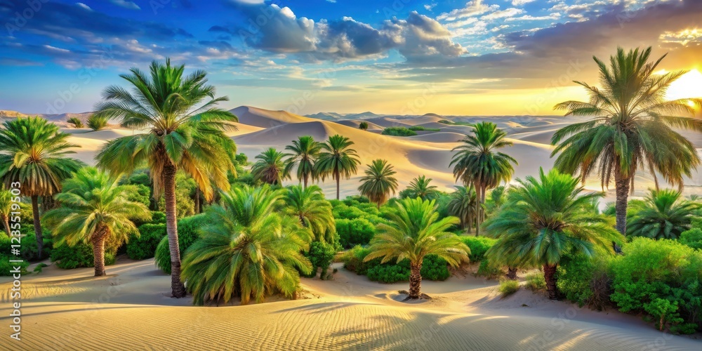 Fototapeta premium Serene landscape with lush palm trees and vibrant green foliage nestled within a tranquil oasis in the midst of vast sandy dunes