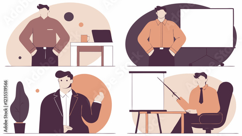 Business man character set. postures and poses collection, set of people in office