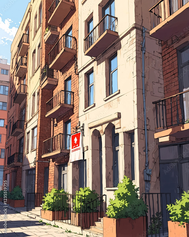 Fototapeta premium Rustic and Abandoned Classic Apartment Building Depicted in Stunning Anime Art Style Background Illustration Aesthetic