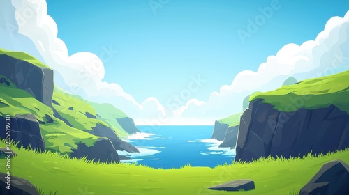 Serene Coastal Cliffscape Green Grass Blue Ocean Sky