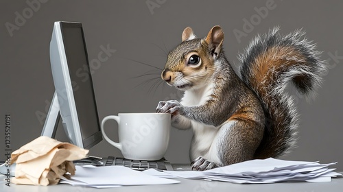 Squirrel Working on Computer with Coffee Mug in a Messy Office Environment