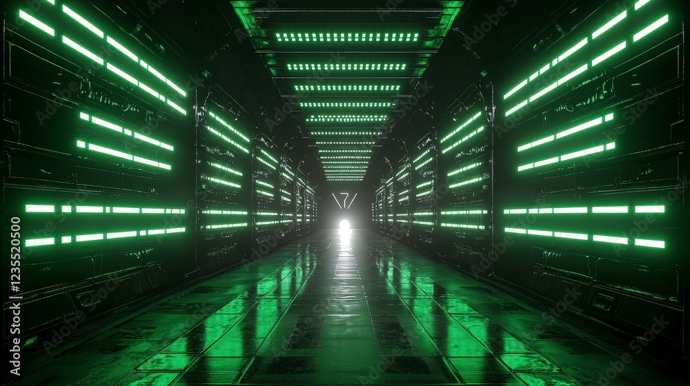 Futuristic Neon Hallway with Green Lights in Dark Environment