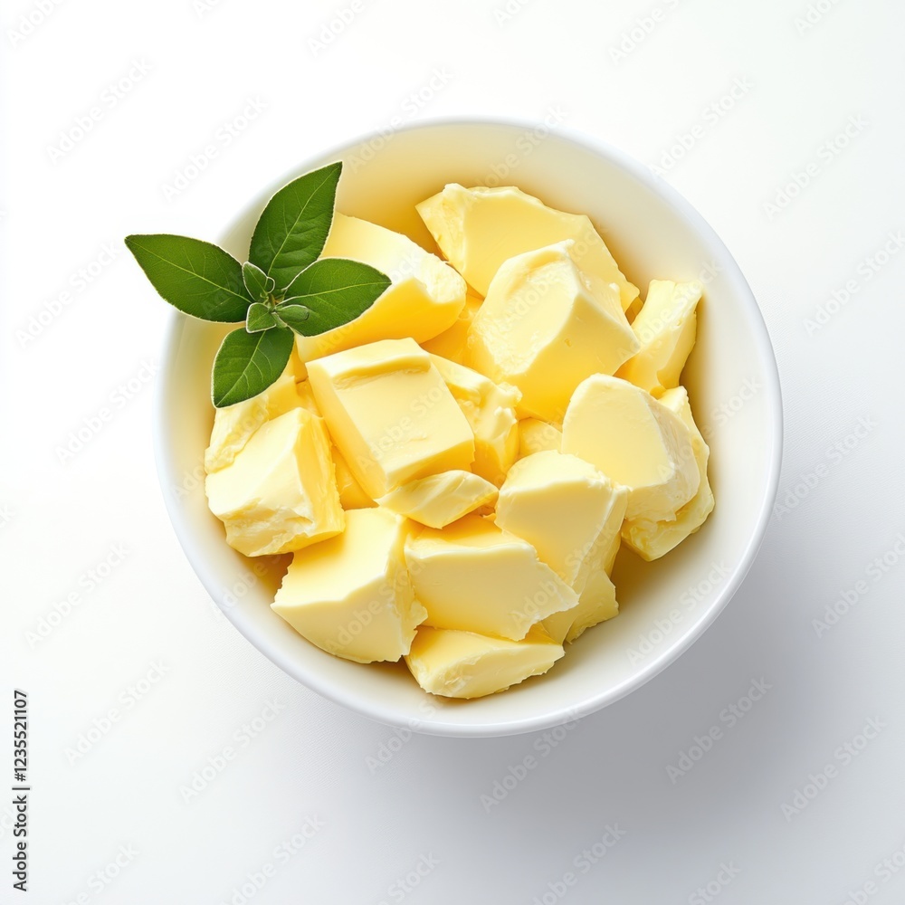 Fresh Creamy Butter Cubes in White Bowl With Green Herb Garnish on Bright Light Background Fresh Creamy Butter Cubes in White Bowl With Green Herb Garnish on Bright Light Background