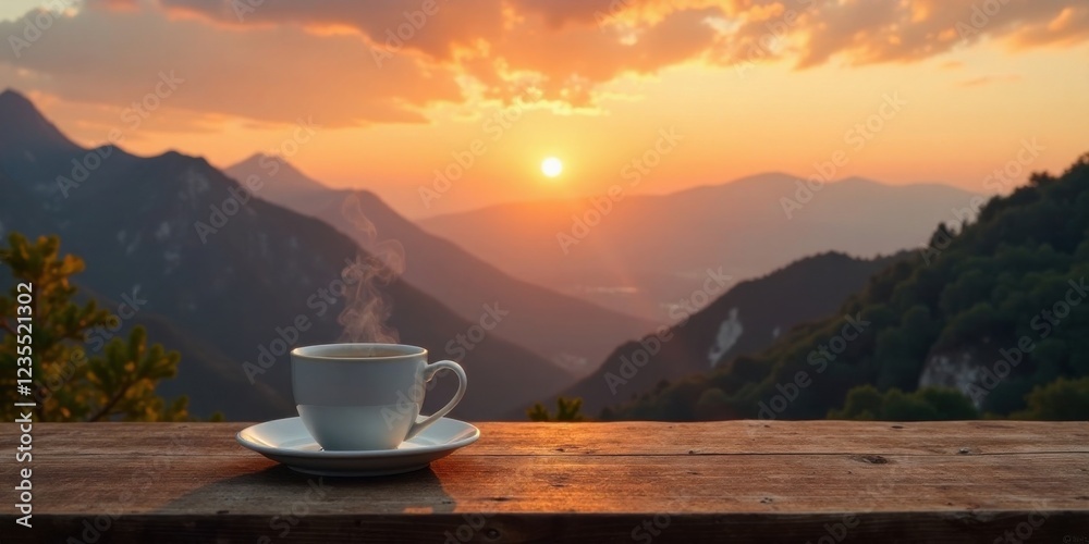 Serene Sunrise Mountain View with a Warm Cup of Coffee on Rustic Wooden Table Serene Sunrise Mountain View with a Warm Cup of Coffee on Rustic Wooden Table