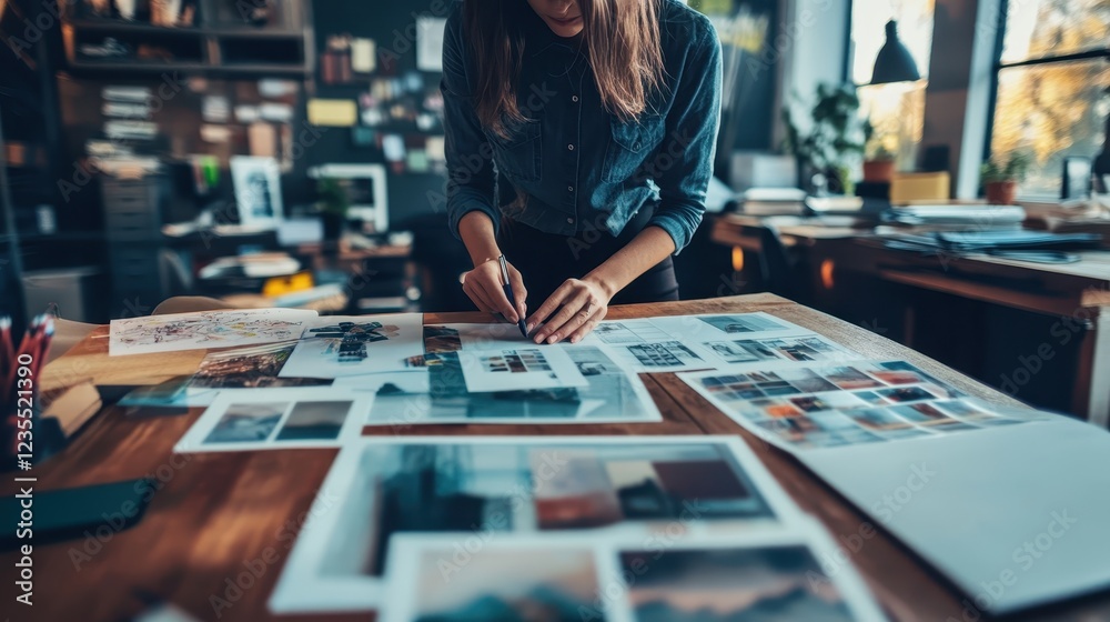 Fototapeta premium A woman is sitting at a desk with a stack of papers