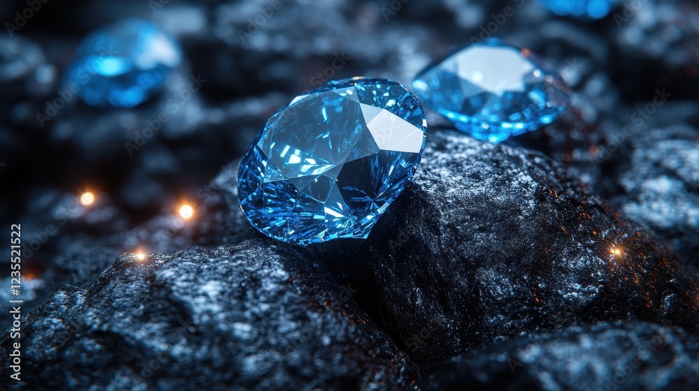3D Rendering of Brilliant Blue Diamonds Sparkling on Black Rocks 3D Rendering of Brilliant Blue Diamonds Sparkling on Black Rocks
