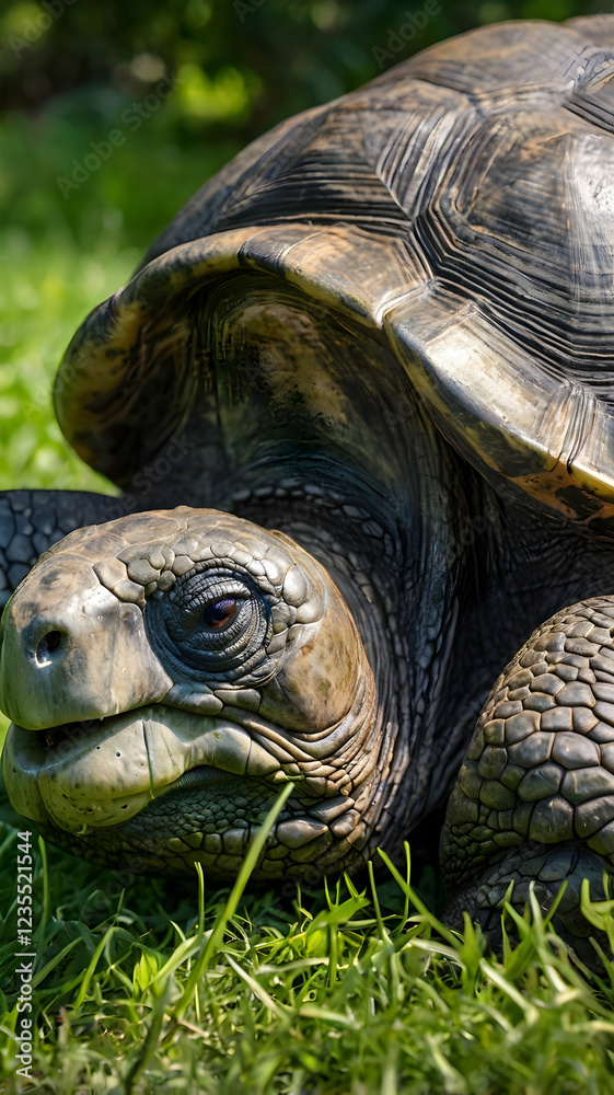 Majestic Aldabra tortoise captured in a breathtaking cinematic wildlife scene surrounded by lush green foliage and soft sunlight Majestic Aldabra tortoise captured in a breathtaking cinematic wildlife scene surrounded by lush green foliage and soft sunlight