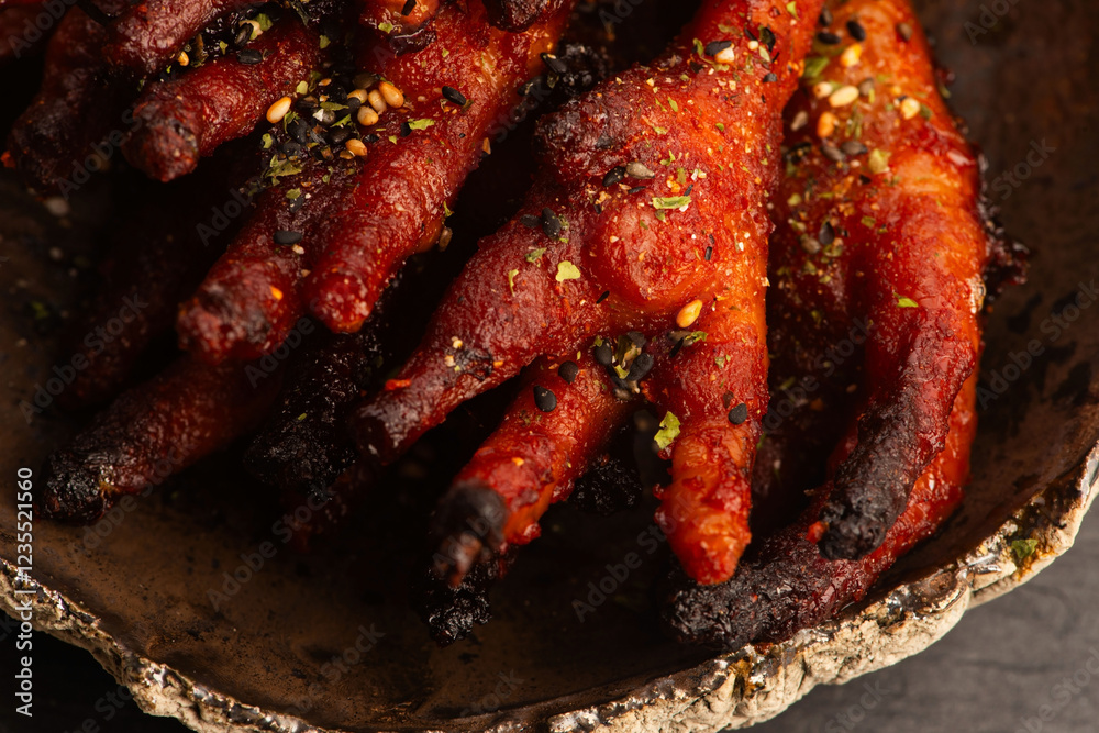 Caramelized korean or Chinese chicken foots ( paws ) with furikake Caramelized korean or Chinese chicken foots ( paws ) with furikake