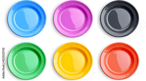 Six colorful plates in a row, vibrant and playful.